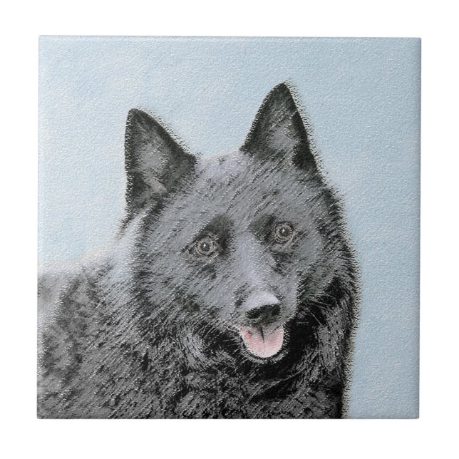 Schipperke Painting - Cute Original Hund Art Kakelplatta (Framsidan)