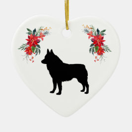 Schipperke Silhouette med Namn Poinsettia Julgransprydnad Keramik