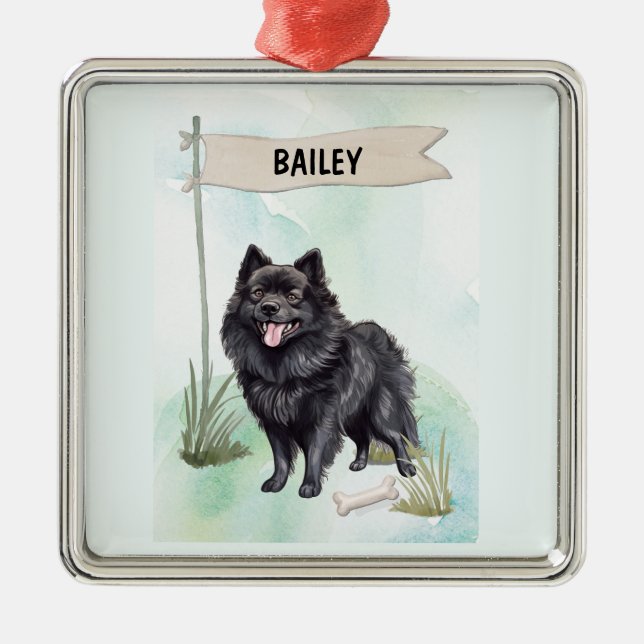 Schipperke Watercolor Personalized Dog Julgransprydnad Metall (Framsidan)