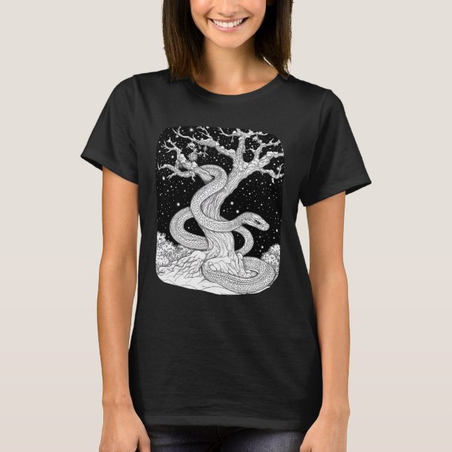 Schlange bei Nacht unter magischem Sternenhimmel T Shirt (Framsida)