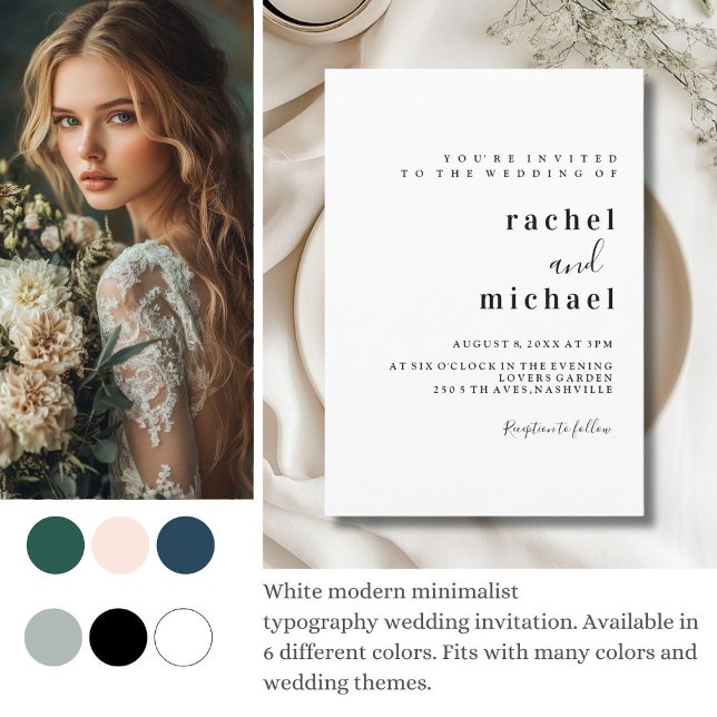 Schlicht Elegant Inbjudningar (Simple, elegant, white wedding invitation.)