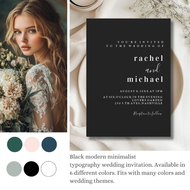 Schlicht elegante inbjudningar (Simple, elegant, black, wedding    invitation)