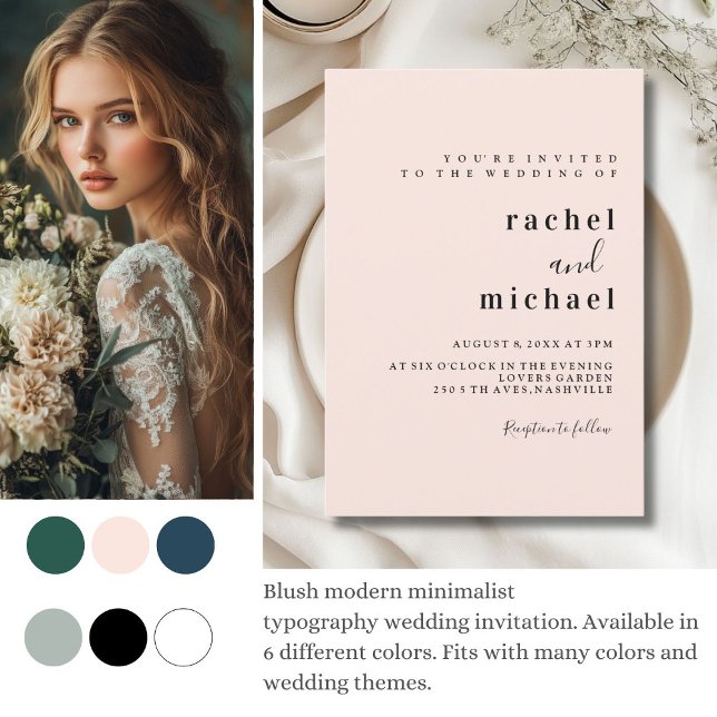 Schlicht elegante inbjudningar (Blush modern minimalist 
typography wedding invitation.)