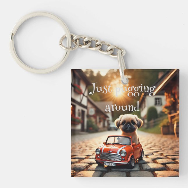 Schlüsselanhänger Mops im Mini Morris Auto  (Framsidan)