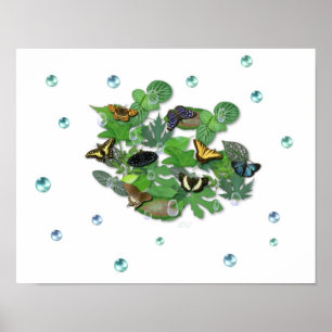 Schmetterlinge mit Blätter, Regentropfen, Perlen Poster