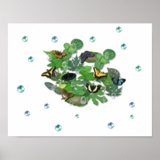 Schmetterlinge mit Blätter, Regentropfen, Perlen Poster