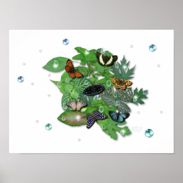 Schmetterlinge mit Blätter, Regentropfen, Perlen Poster (Framsidan)