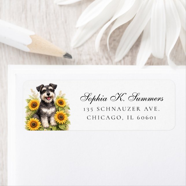 Schnauzer and Sunflowers Personalized Address Returadress Etikett (Insitu)