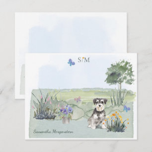 Schnauzer Butterfly Meadow Monogram & Namn Anteckningskort