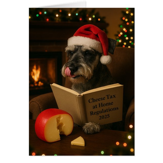Schnauzer 'Cheese Tax' Christmas card Hälsningskort (Framsidan)