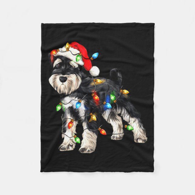 Schnauzer Christmas Dog Christmas Lights Santa Hat Fleecefilt (Framsidan)