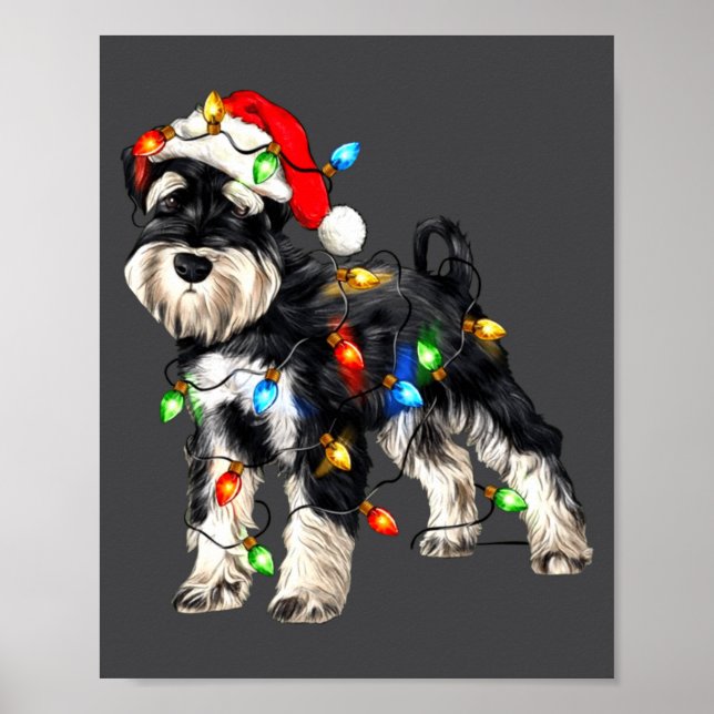 Schnauzer Christmas Dog Christmas Lights Santa Hat Poster (Framsidan)