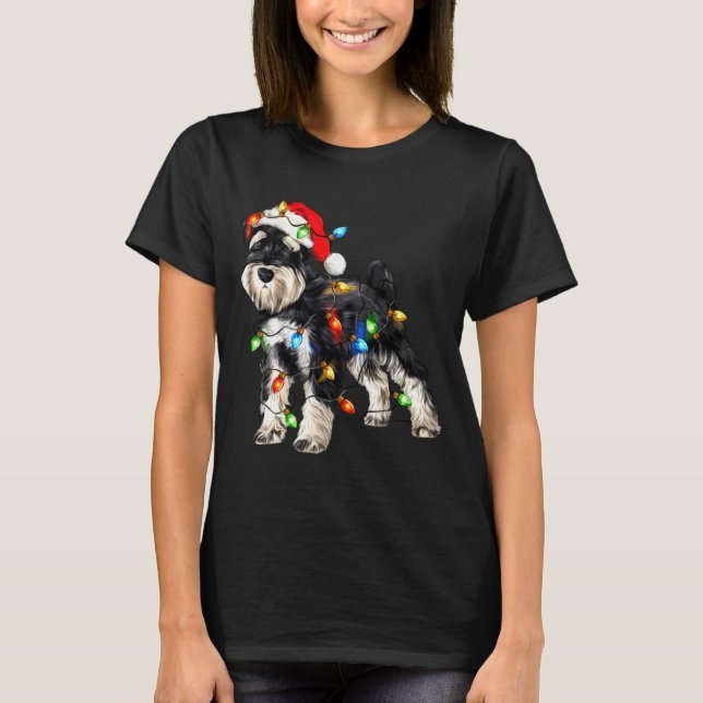 Schnauzer Christmas Dog Christmas Lights Santa Hat T Shirt (Framsida)