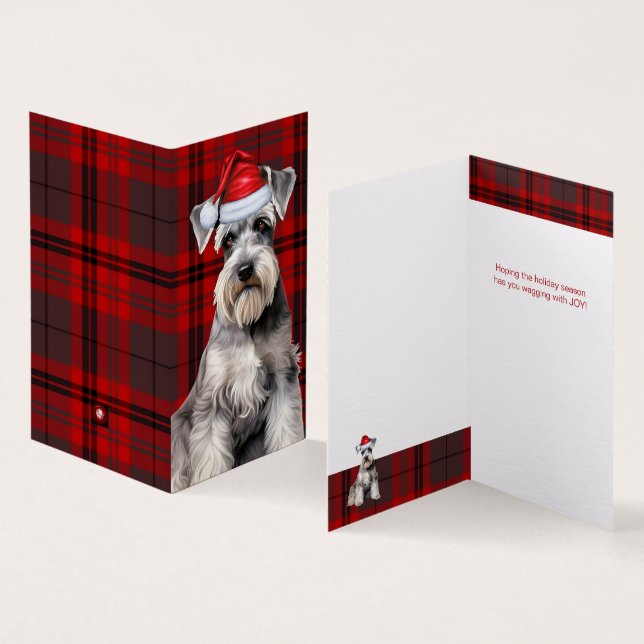 Schnauzer Christmas Dog with Red Holiday Plaid Kort (In- och utsida)