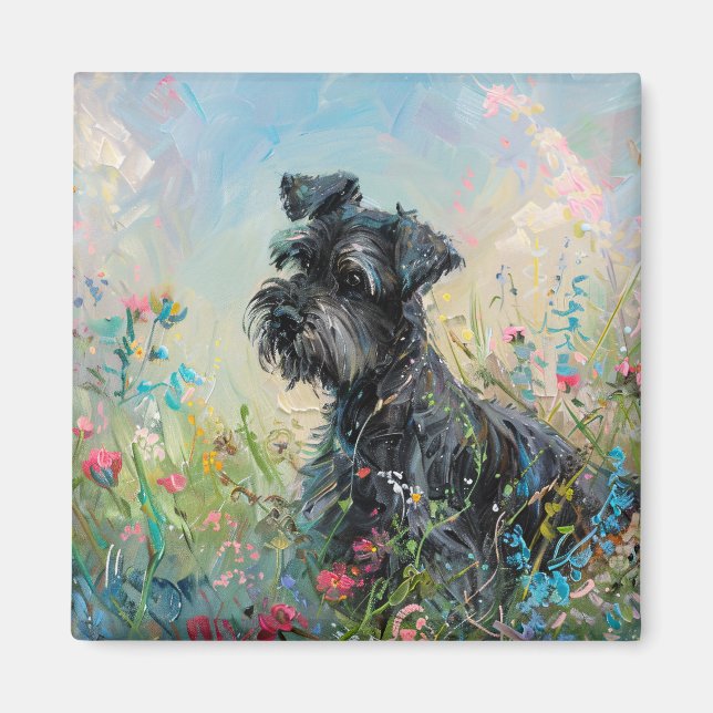 Schnauzer Colorful Wildblommor Magnet (Framsidan)