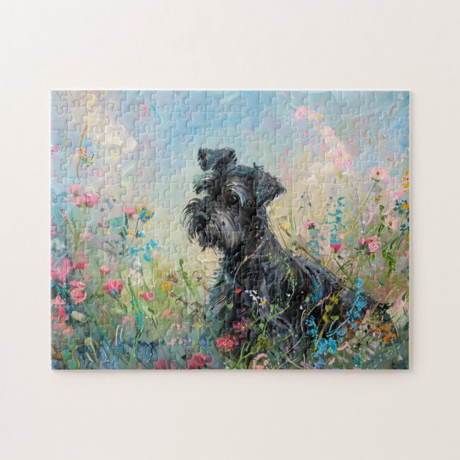 Schnauzer Colorful Wildblommor Pussel (Horisontell)