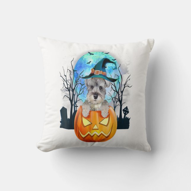 Schnauzer Dog Witch Hat Halloween Pumpkin Gift Kudde (Framsida)