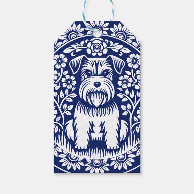 Schnauzer eller Norfolk Terrier Charming Folk Art Presentetikett (Framsidan)