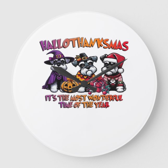 Schnauzer Halloween Thanksgiving Christmas Classic Stor Klocka (Framsida)