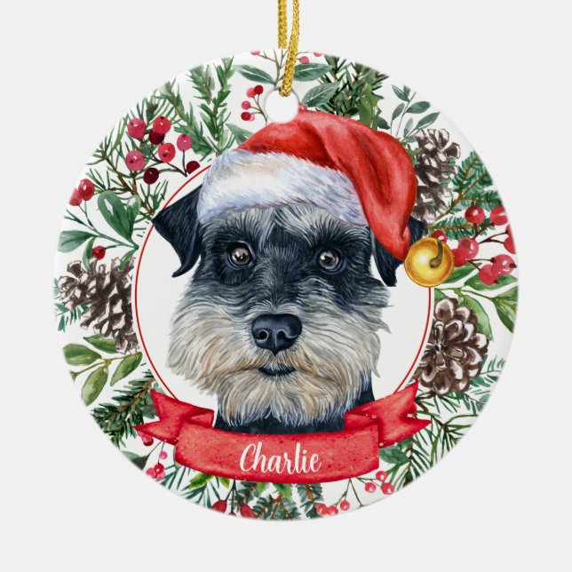 Schnauzer Hund Anpassningsbar Santa Hat jul Orname Julgransprydnad Keramik (Framsidan)