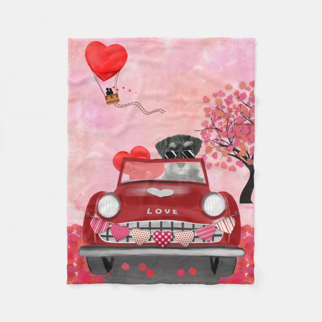 Schnauzer Hund Car med Hearts Valentine Fleecefilt (Framsidan)
