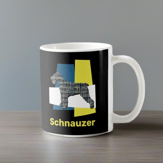 Schnauzer Hund Gult & Black Grid Line Coffee Kaffemugg (Schnauzer mug on table)
