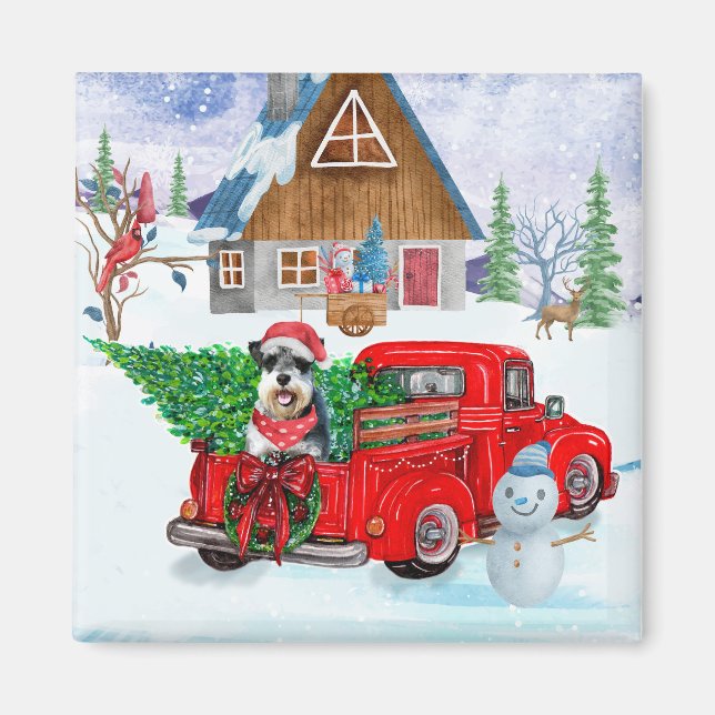 Schnauzer hund i jul leveransbil snö magnet (Framsidan)