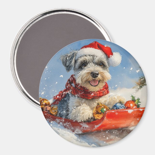 Schnauzer Hund i Släd Låt det Snöa Jul Magnet (Front/Back)