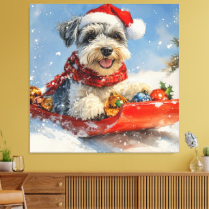Schnauzer hund i släde Låt det snöa jul Canvastryck