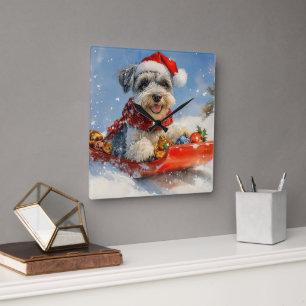Schnauzer Hund i Släde Låt det Snöa Jul Fyrkantig Klocka