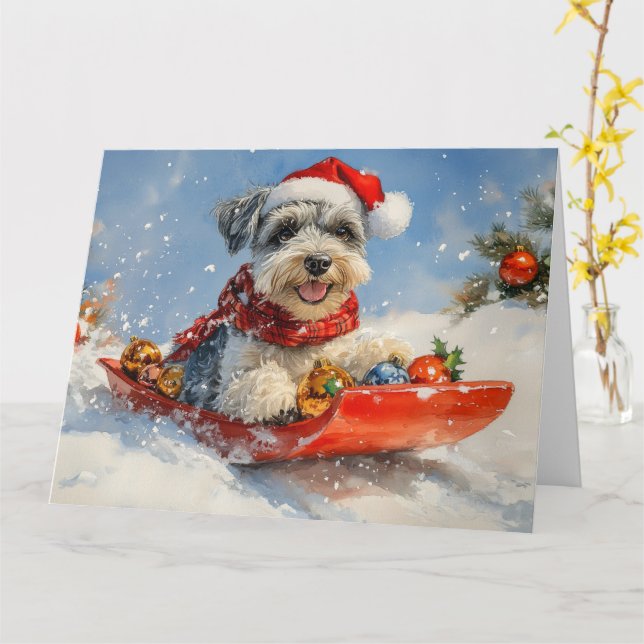 Schnauzer hund i släde Låt det snöa jul Kort (Gul blomma)