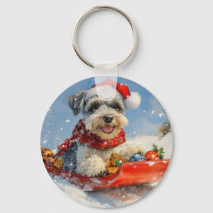 Schnauzer Hund i Släde Låt det Snöa Jul Nyckelring