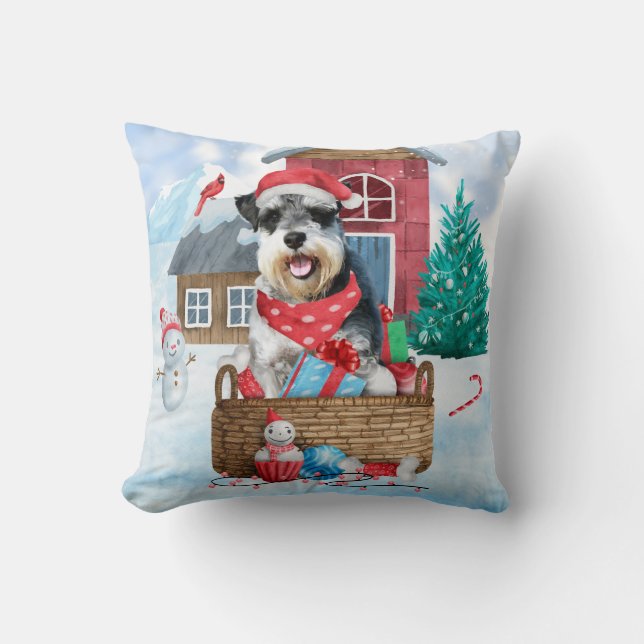Schnauzer hund i snö jul hund hus kudde (Framsida)
