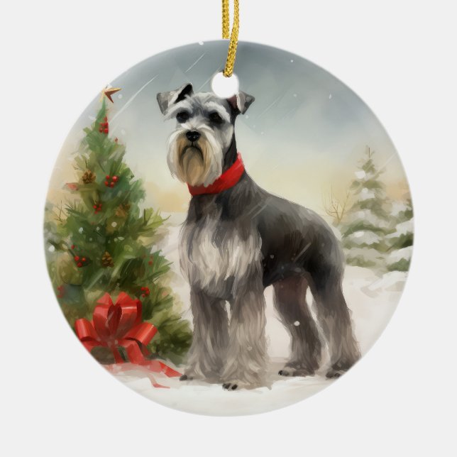 Schnauzer Hund i Snö jul Julgransprydnad Keramik (Framsidan)