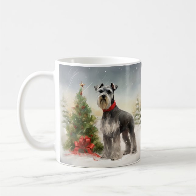 Schnauzer Hund i Snö jul Kaffemugg (Vänster)