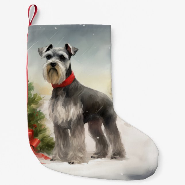 Schnauzer Hund i Snö jul Liten Julstrumpa (Framsidan)