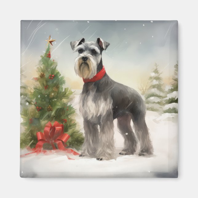 Schnauzer Hund i Snö jul Magnet (Framsidan)