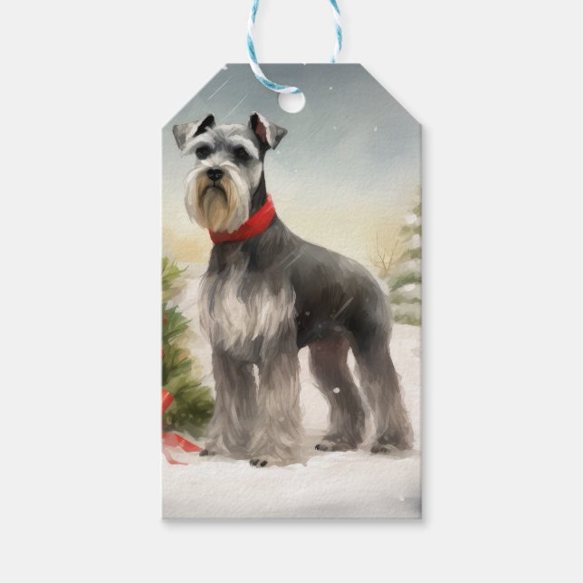 Schnauzer Hund i Snö jul Presentetikett (Framsidan)