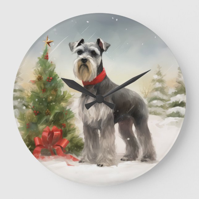Schnauzer Hund i Snö jul Stor Klocka (Framsida)