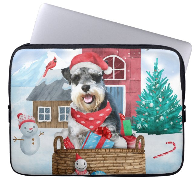 Schnauzer Hund I snö julhuset Hund Laptop Fodral (Framsidan)