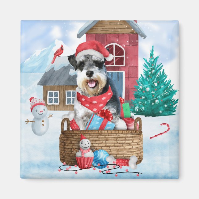 Schnauzer Hund I snö julhuset Hund Magnet (Framsidan)