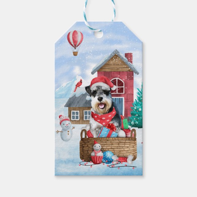Schnauzer Hund I snö julhuset Hund Presentetikett (Framsidan)