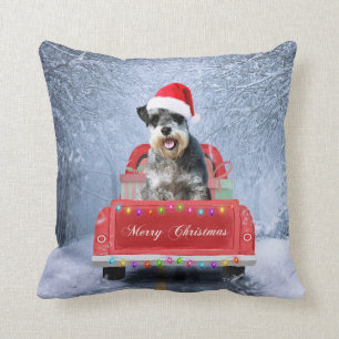 Schnauzer Hund i Snö sitta under julen Lastbil Kudde
