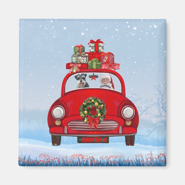 schnauzer Hund in bil with Jultomten Magnet (Framsidan)