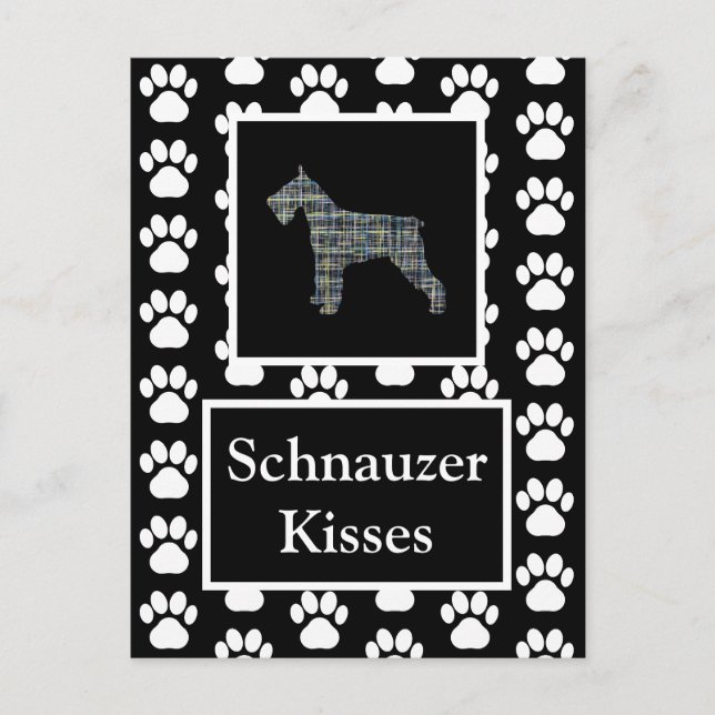 Schnauzer Hund Kisses Silhouette Gult & Blue Grid Vykort (Framsida)