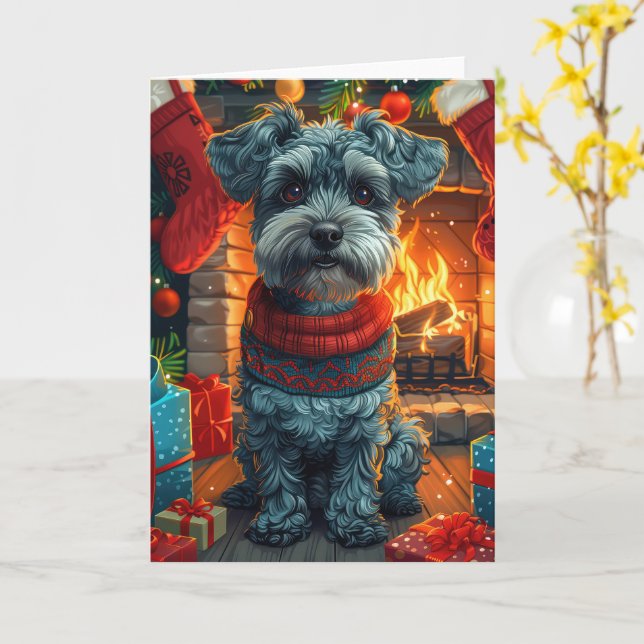 Schnauzer Hund Med Julpresenter Öppen Spis Kort (Gul blomma)