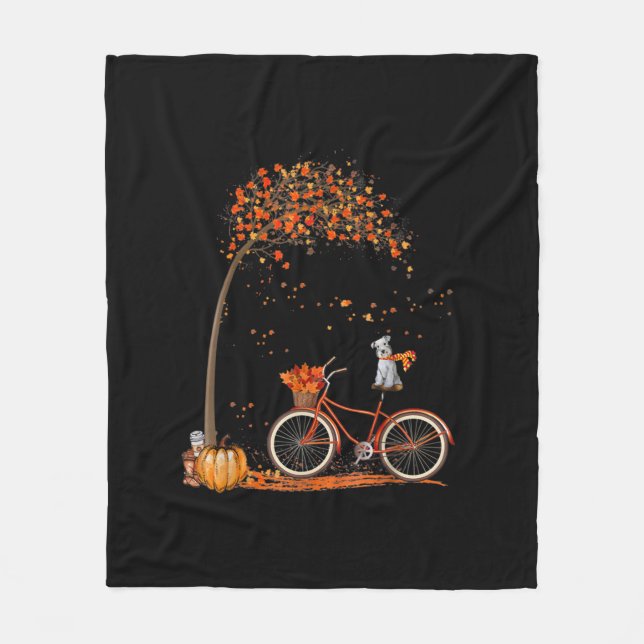 Schnauzer Hund och Pumpkins Bicycle Hösten Löv Fleecefilt (Framsidan)