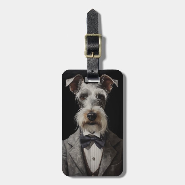 Schnauzer Hund Porträtt Grått Kostym Bow Tie Bagagebricka (Vertikal Framsida)