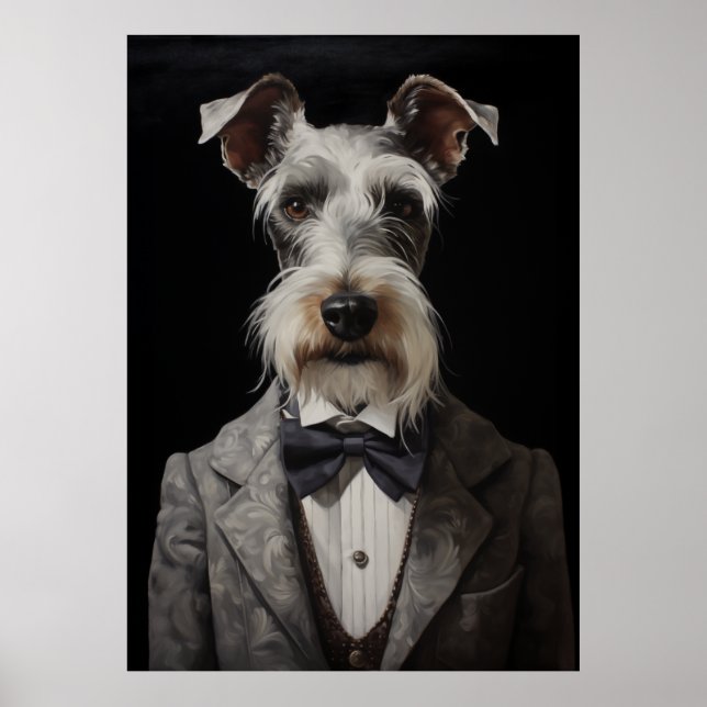 Schnauzer Hund Porträtt Grått Kostym Bow Tie Poster (Framsidan)