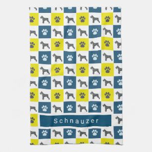 Schnauzer Hund & Tass Gult & Blue Grid Tea Towel Kökshandduk
